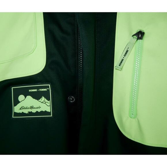 Eddie Bauer X Homme Femme Down Shell Jacket Dark Neon Green Mens Small Outerwear - Picture 2 of 6